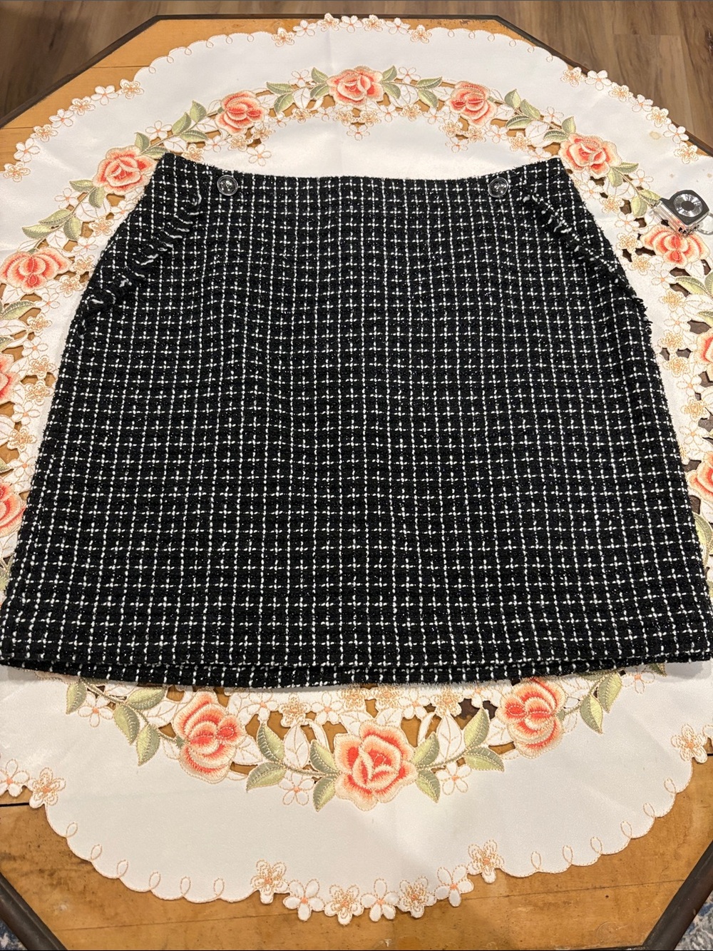 Black Tweed Mini Skirt with Button Detail